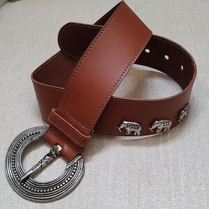 Brown Leather Wide Belt with Ornate Silver Buckle & Silver Elephant Studs Size S